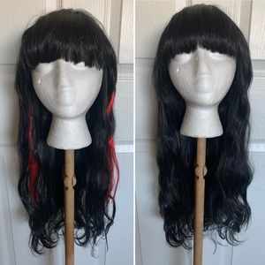 2 for $70 | Long Black Wig with Arch Bangs and Optional Red Highlights